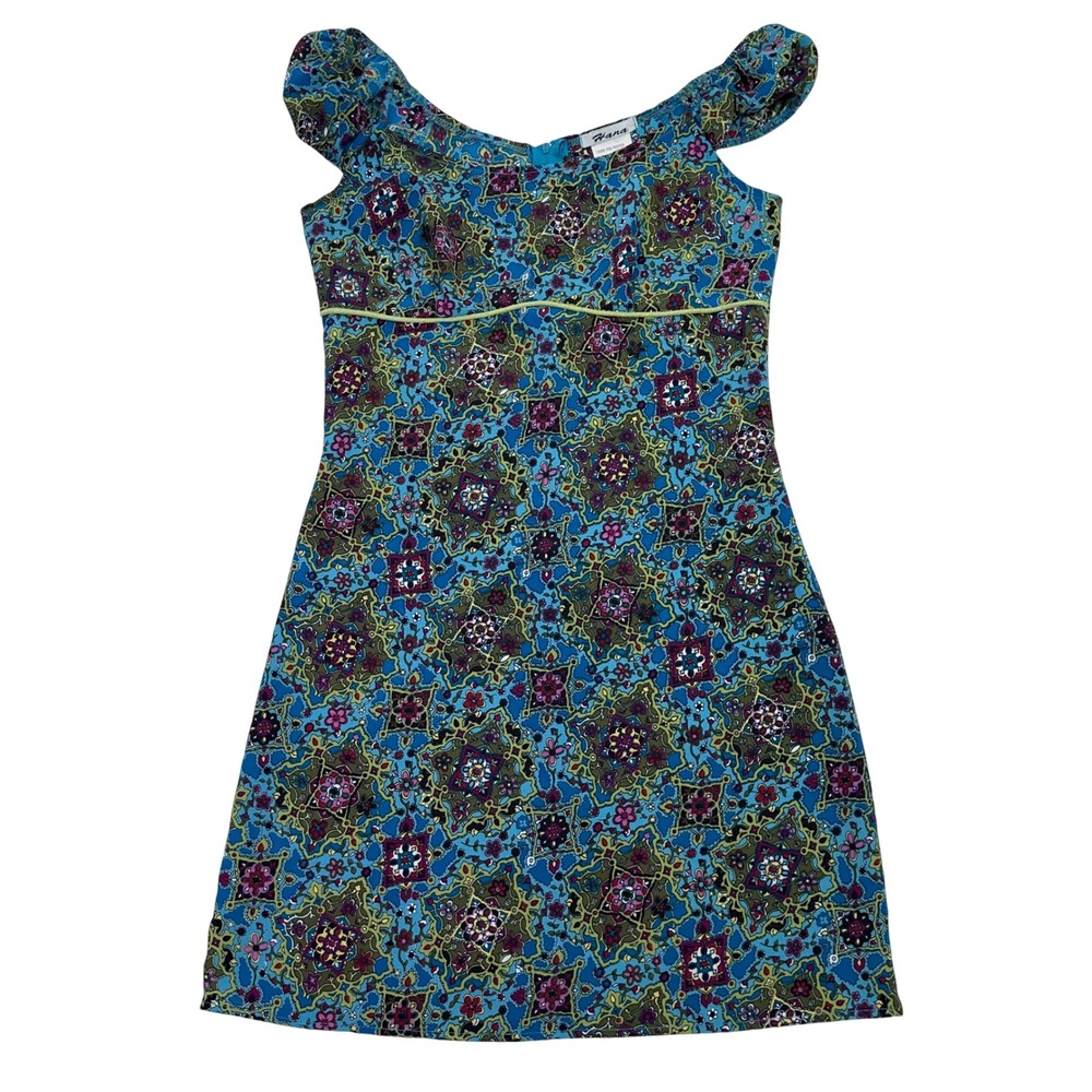 90s Hana Floral Mini Dress Blue Green Purple Women's S/M